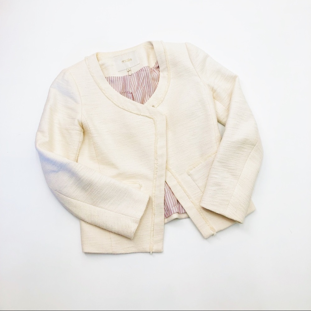 Maje Cream Tweed Moto Blazer Size 36 - Small